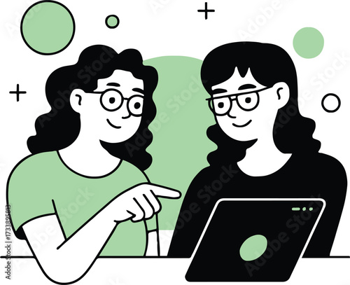 Vector art of two smiling women are collaborating on a tablet, one is pointing at the screen, and they are surrounded by abstract shapes