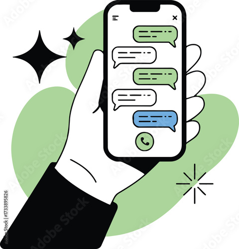 Vector art of a hand holds a smartphone displaying a chat interface, symbolizing digital communication and connection