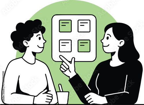 Vector art of two people are discussing ideas using sticky notes on a board, representing teamwork and brainstorming