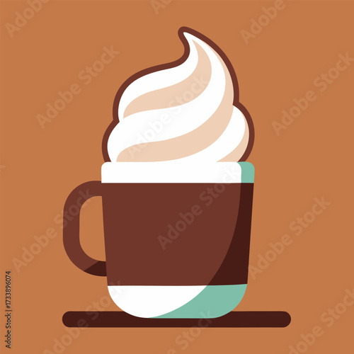 Cup of coffee topped with whipped cream on brown background