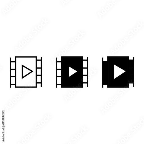 Three film strip icons are displayed, each containing a play symbol. The icons vary in color, with one white, one black, and one partially black. All are isolated on white.