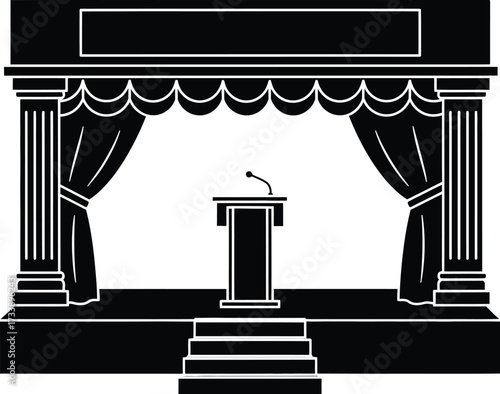 Empty theater stage with a podium, microphone and curtain vector illustration silhouette 