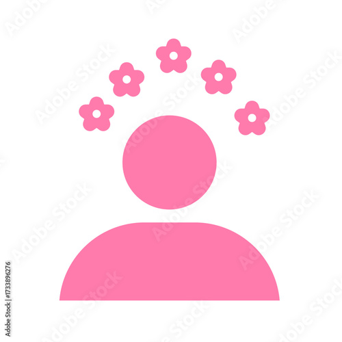 Pink silhouette of a person with five flowers above their head, simple icon, aesthetic profil photo from girl