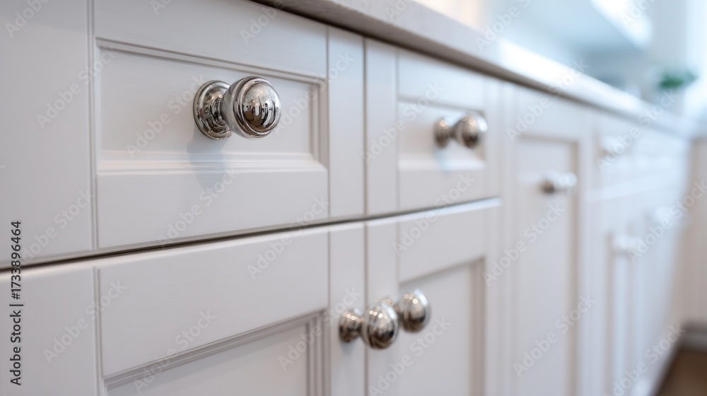 Obraz premium Close-up of bright white kitchen cabinets with ornate chrome knobs. Shallow depth of field reveals details of the cabinetry