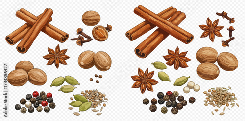 Spices: cinnamon sticks, star anise, nutmeg, cardamom, peppercorns, cloves, and other aromatic ingredients.