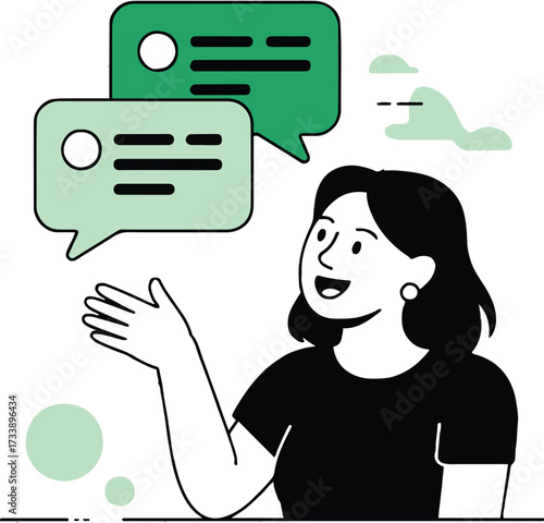Vector art of a woman with black hair is communicating through speech bubbles, conveying ideas and information
