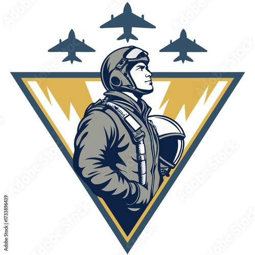 A pilot in a helmet and uniform stands within a triangle emblem.