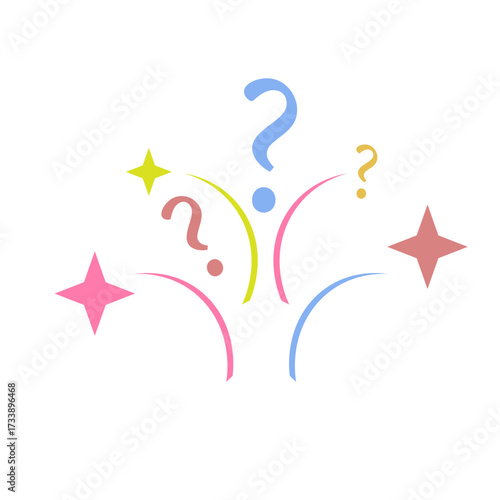 Abstract illustration featuring question marks and star shapes in pastel colors, creating a whimsical and inquisitive design.