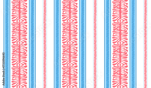 coastal coral branches stripes in blue and red seamless pattern, vector illustration repeat design print