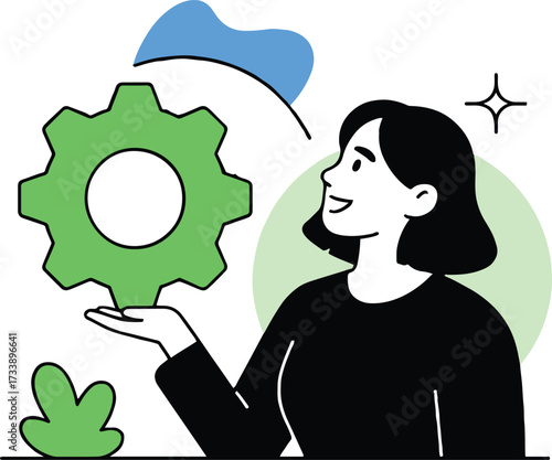 Vector art of a woman is holding a gear in her hand, symbolizing process optimization and efficiency, she is smiling and looking happy