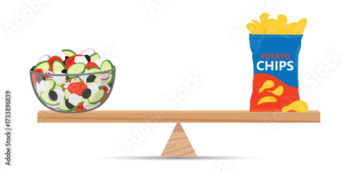 Healthy food and junk food balance on scale. Healthy vs junk food balance – package of potato chips and salad