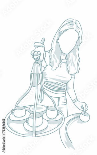  Turkish coffee cooked in a hot sand. Coffe pot with a girl line art