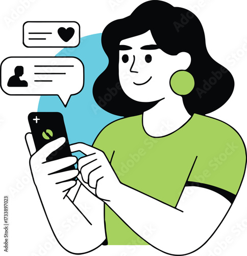 Vector art of a woman is using her smartphone to check social media and messages, she is smiling and seems to be enjoying the content