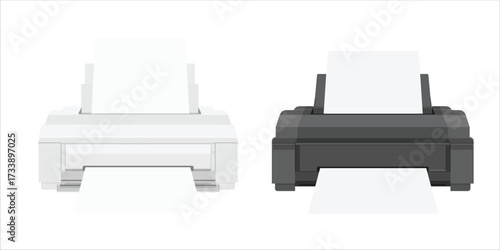 Printer with white paper, isolated on white background. Printer icon. Realistic printer