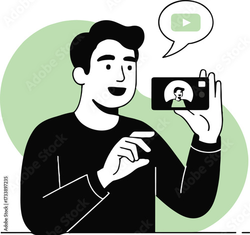 Vector art of a man is recording a video on his smartphone, smiling, and gesturing with his fingers, he is sharing content online