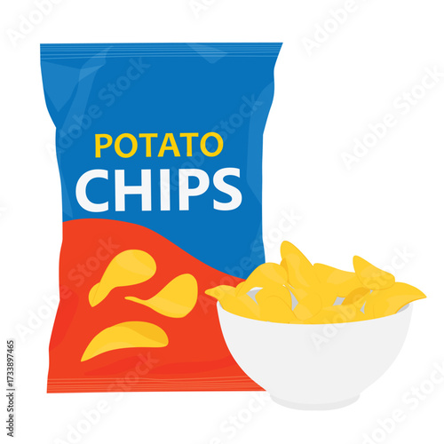 Potato chips package and plate of chips, isolated on white background. Chips bag and bowl filled with pile of crisps