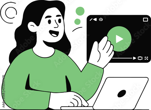 Vector art of a cheerful woman is watching a video on her laptop, smiling and enjoying the content, she is wearing a green sweater
