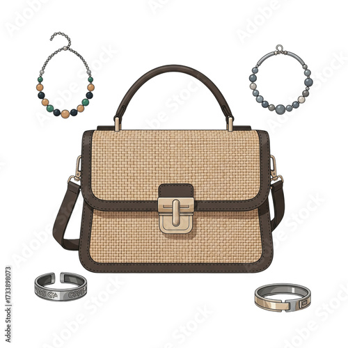 Chic illustration of women's fashionable accessories a structured woven handbag, unique beaded necklaces, and modern metallic bracelets