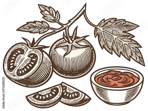 Vintage Hand Drawn Tomato Collection with Whole, Slice, Branch and Ketchup Bowl Illustration Isolated.