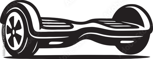 Stylized black and white illustration of a self balancing electric scooter with two wheels on a clean background