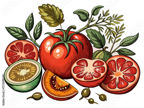Vintage Hand Drawn Tomato Collection with Whole, Slice, Branch and Ketchup Bowl Illustration Isolated.