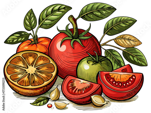 Vintage Hand Drawn Tomato Collection with Whole, Slice, Branch and Ketchup Bowl Illustration Isolated.