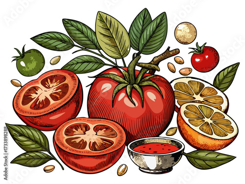 Vintage Hand Drawn Tomato Collection with Whole, Slice, Branch and Ketchup Bowl Illustration Isolated.