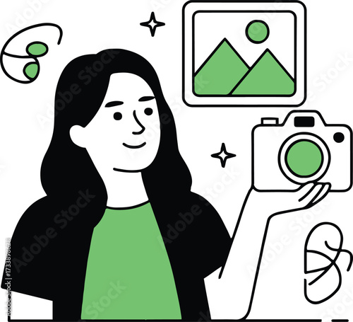 Vector art of a young woman is holding a camera and a picture, she is a photographer and she is taking pictures of landscapes