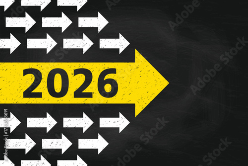 2026 New Year Leadership Concept with Yellow Arrow on Chalkboard Background with Chalk Effect