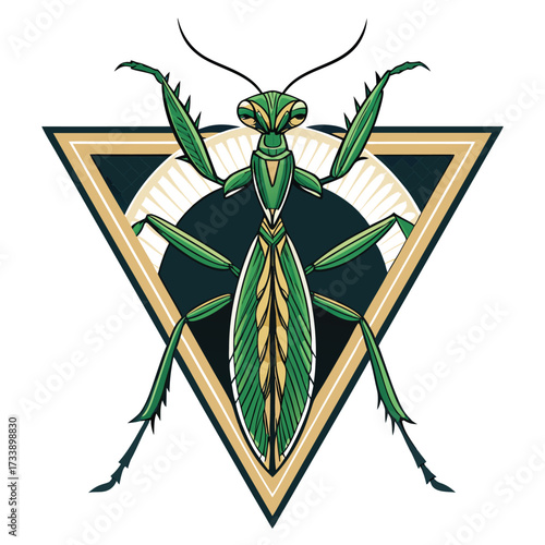 A stylized praying mantis in green and yellow against a triangle graphic.