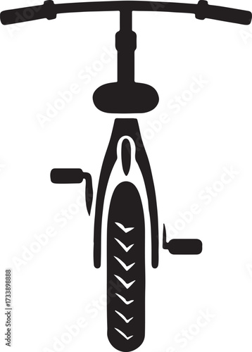 Front view silhouette of a bicycle handlebars stem and front wheel with tire tread and pedals on a white background