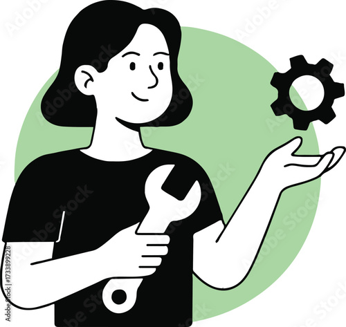 Vector art of a young woman is holding a wrench and a gear, she is a mechanic and she is fixing things