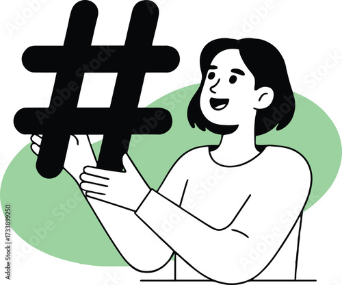 Vector art of a woman is holding a hashtag symbol, she is promoting social media marketing and engagement with the online community