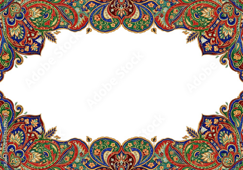 Vibrant Ornate Eastern Paisley and Floral Frame on Black Background