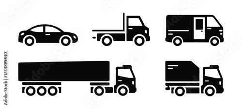 Vehicle Icons Vector Set – Silhouette Cars, Vans, Flatbed Trucks, Dump Trucks, and Semi-Trucks for Transportation, Logistics, Delivery, Mobility, and Commercial Use