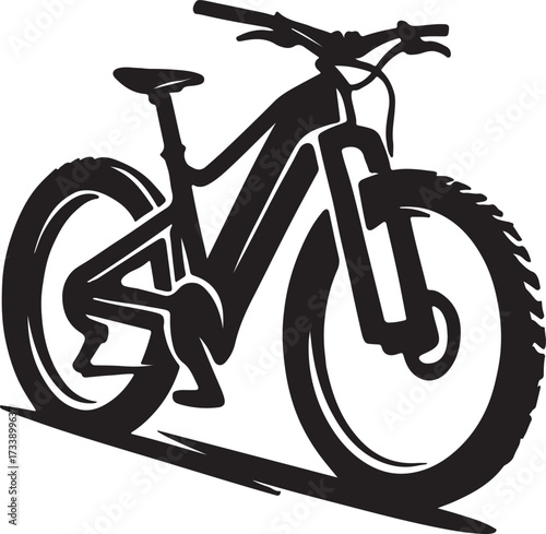 Modern electric mountain bike silhouette with thick tires and suspension for off road adventure and trail riding