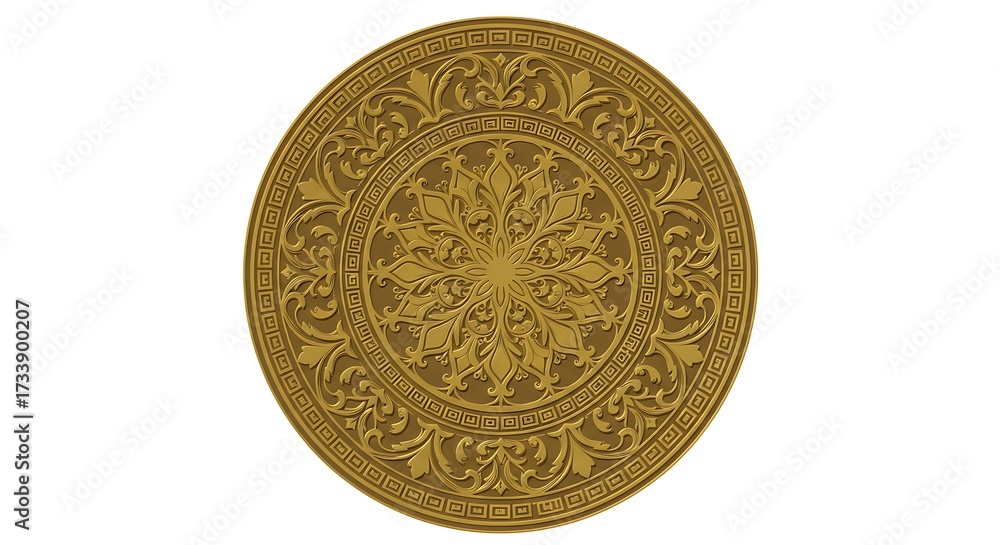Fototapeta premium Detailed ornamental circular pattern in shades of gold isolated on white background