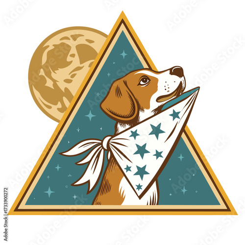 A dog wearing a bandana looks up at the moon and stars.