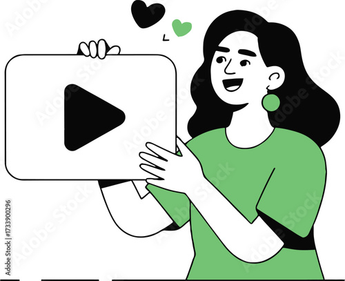 Vector art of a cheerful woman with black hair is holding a play button with hearts, she is wearing a green shirt and earrings