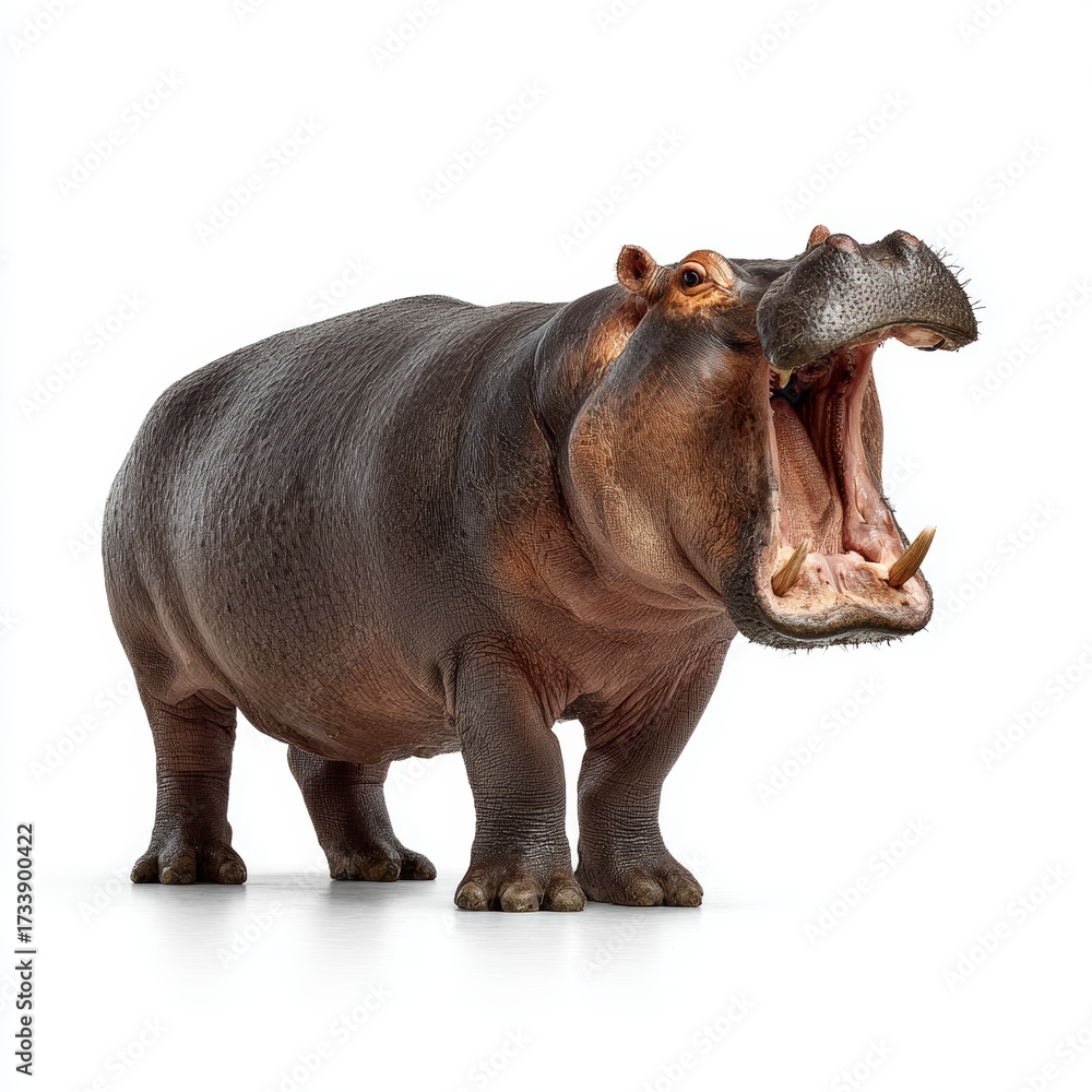 Naklejka premium A striking image of a hippopotamus showcasing its impressive open mouth. It showcases the sheer size and power of the animal