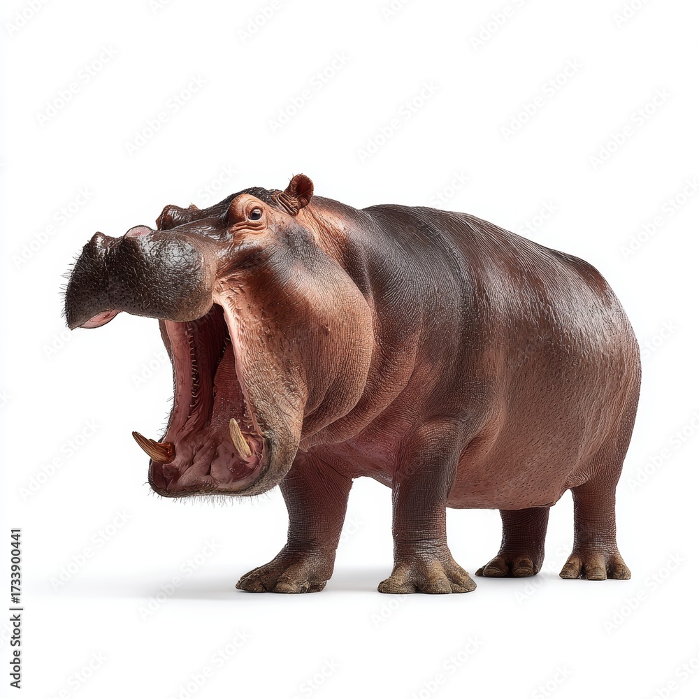 Fototapeta premium A large hippo stands with its mouth wide open, revealing its teeth