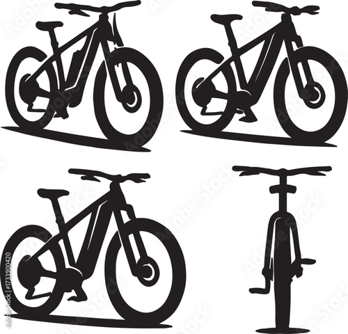 Set of four silhouette illustrations of modern electric mountain bikes from different angles