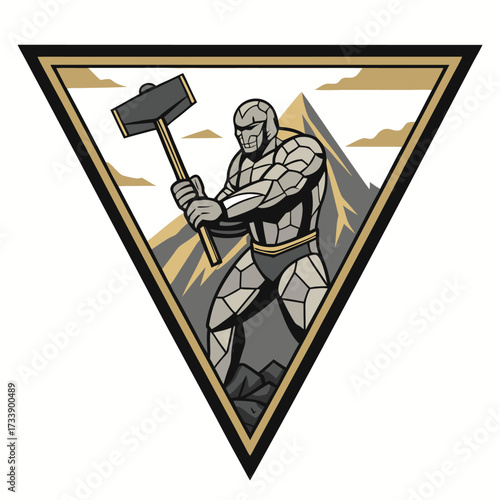 Illustration of a golem with a hammer in a mountain landscape.