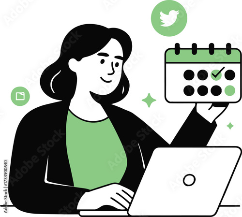 Vector art of a woman in a suit is working on her laptop while managing her social media calendar, she is planning her social media strategy