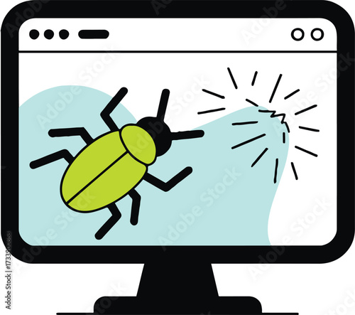 Vector art of a computer screen shows a bug crawling on it, the bug represents a software error or malware infecting the system
