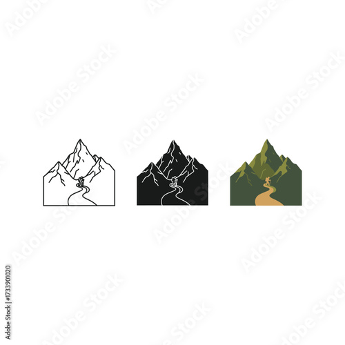 Stylized illustration of a lone hiker ascending a winding path towards majestic mountain peaks
