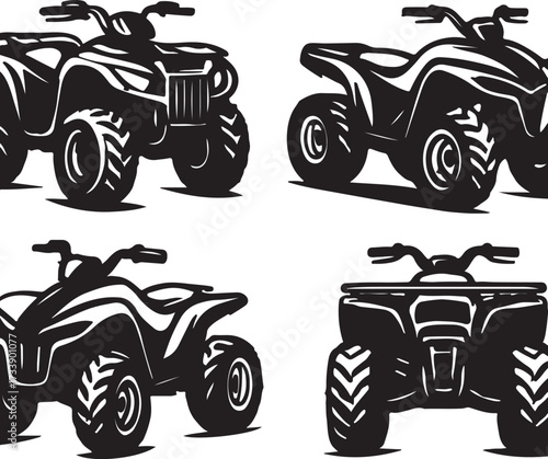 Four distinct black and white illustrations of all terrain vehicles atvs showcasing different angles and perspectives for design