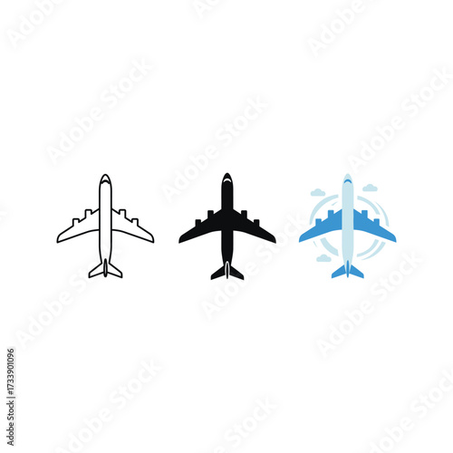 Collection of three airplane icons in outline silhouette and stylized blue color variations