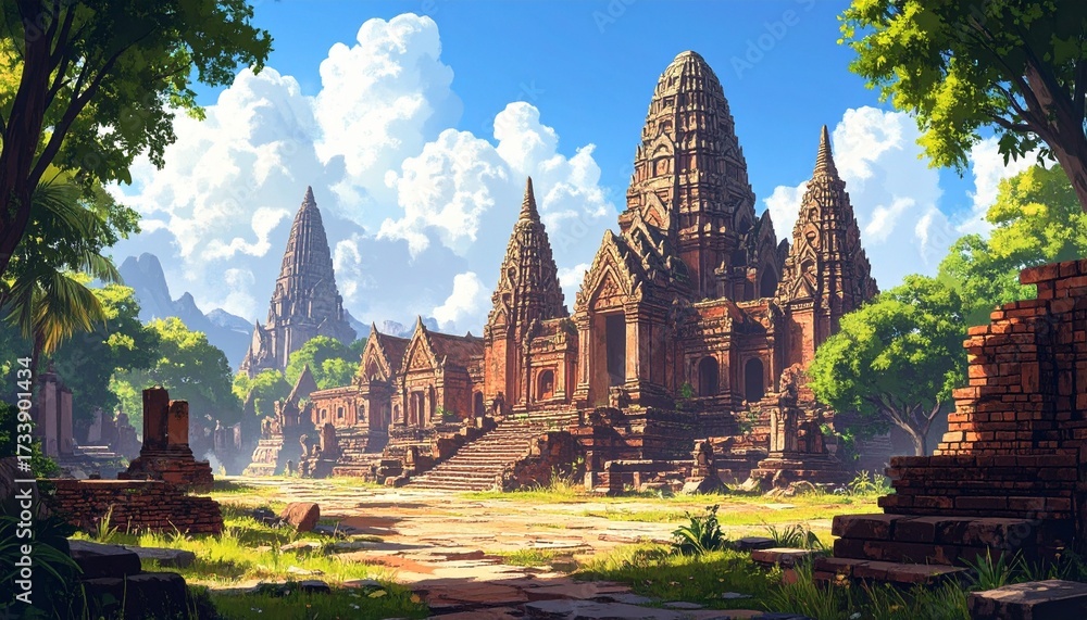 Fototapeta premium Realistic Ancient Thai City Ruins with Old Brick Temples and Blue Sky