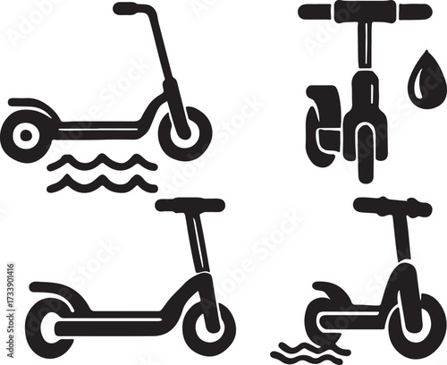 Set of four black silhouette icons depicting electric scooters in various poses and scenarios for modern urban transportation concepts